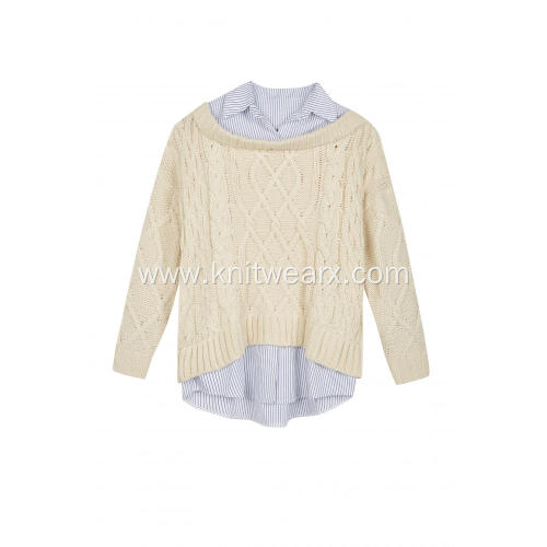 Women's Knitted Woven Collar&Hem Cable Crew-Neck Pullover